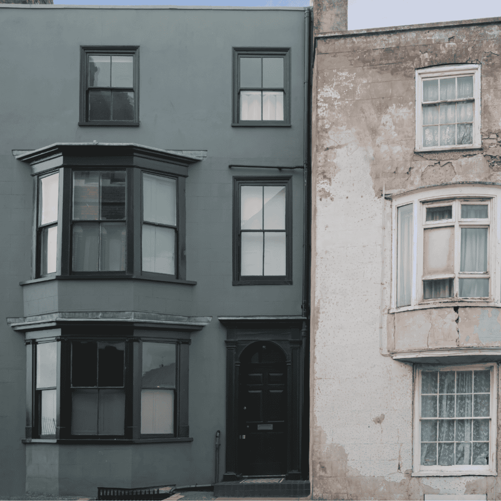 Two adjacent row houses with contrasting facades in Ontario.