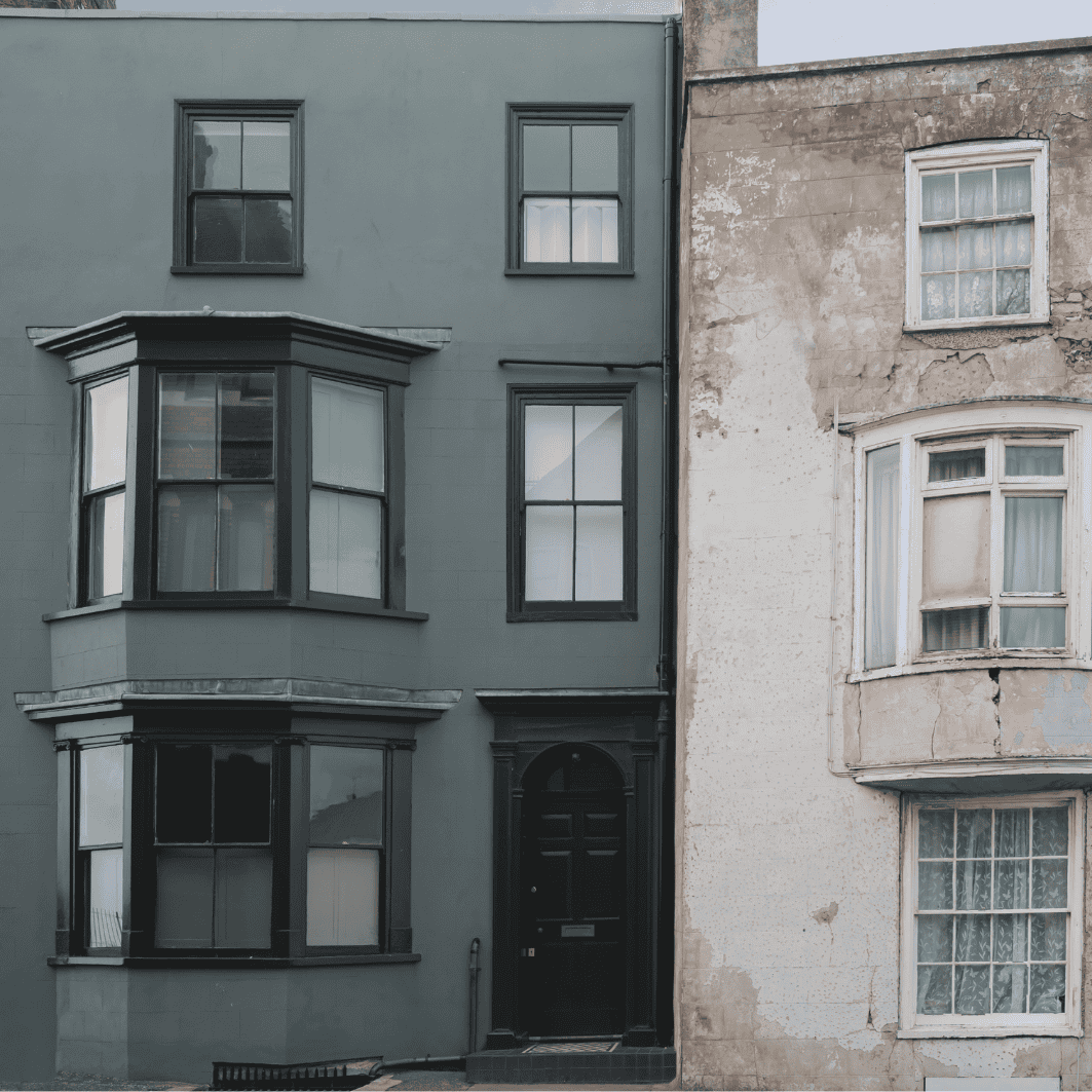 Two adjacent row houses with contrasting facades in Ontario.