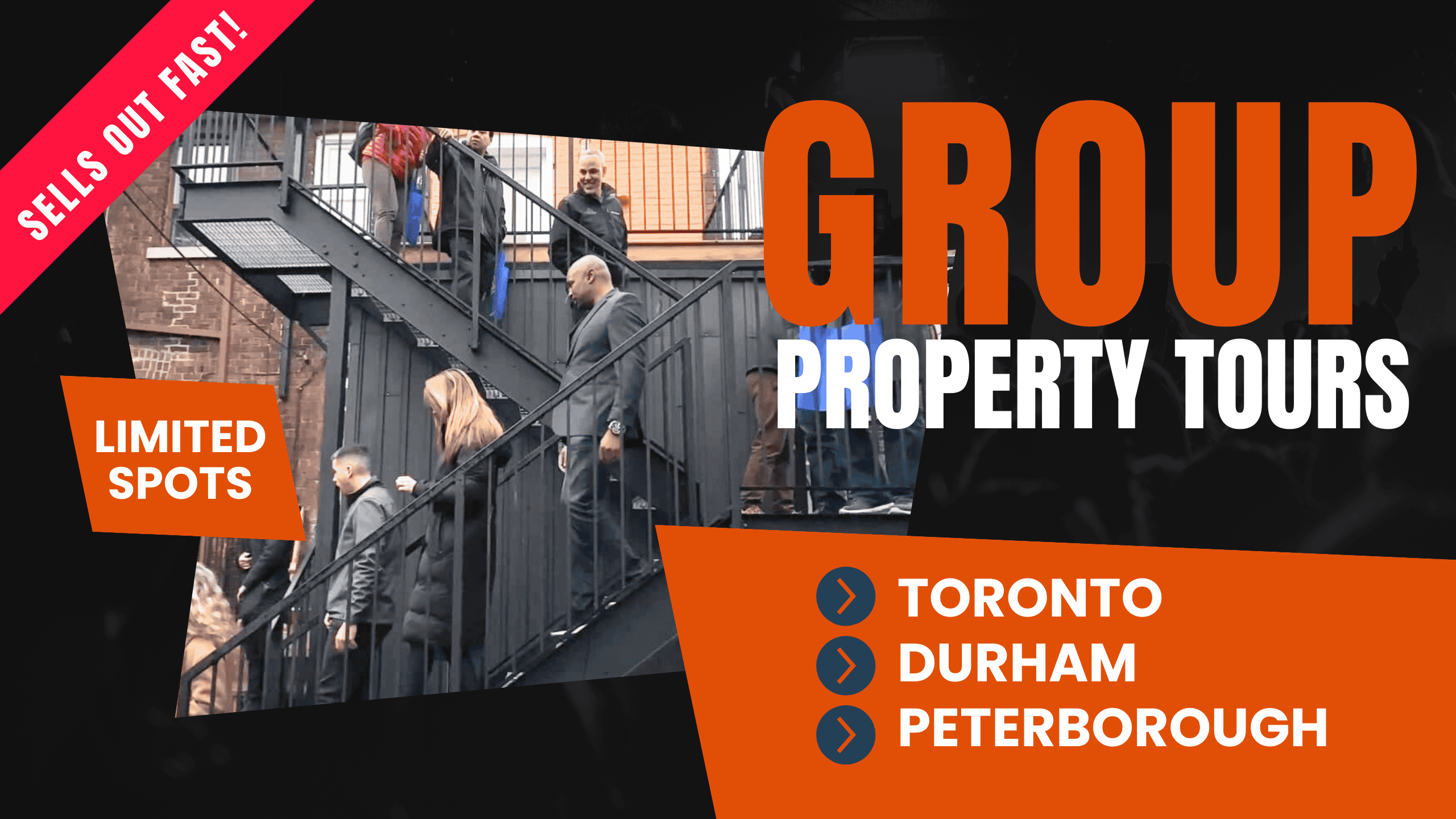Alt text: People touring residential properties via outdoor staircase in a city neighborhood, real estate tour.