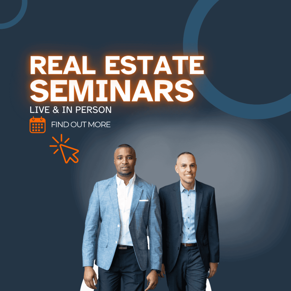 Real estate seminar with two professionals at a live event.