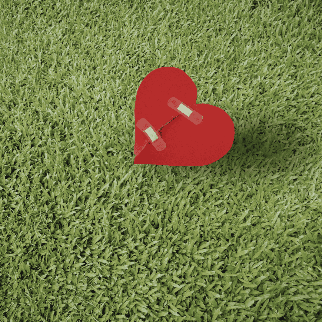 Red paper heart taped on green grass symbolizing love and care.